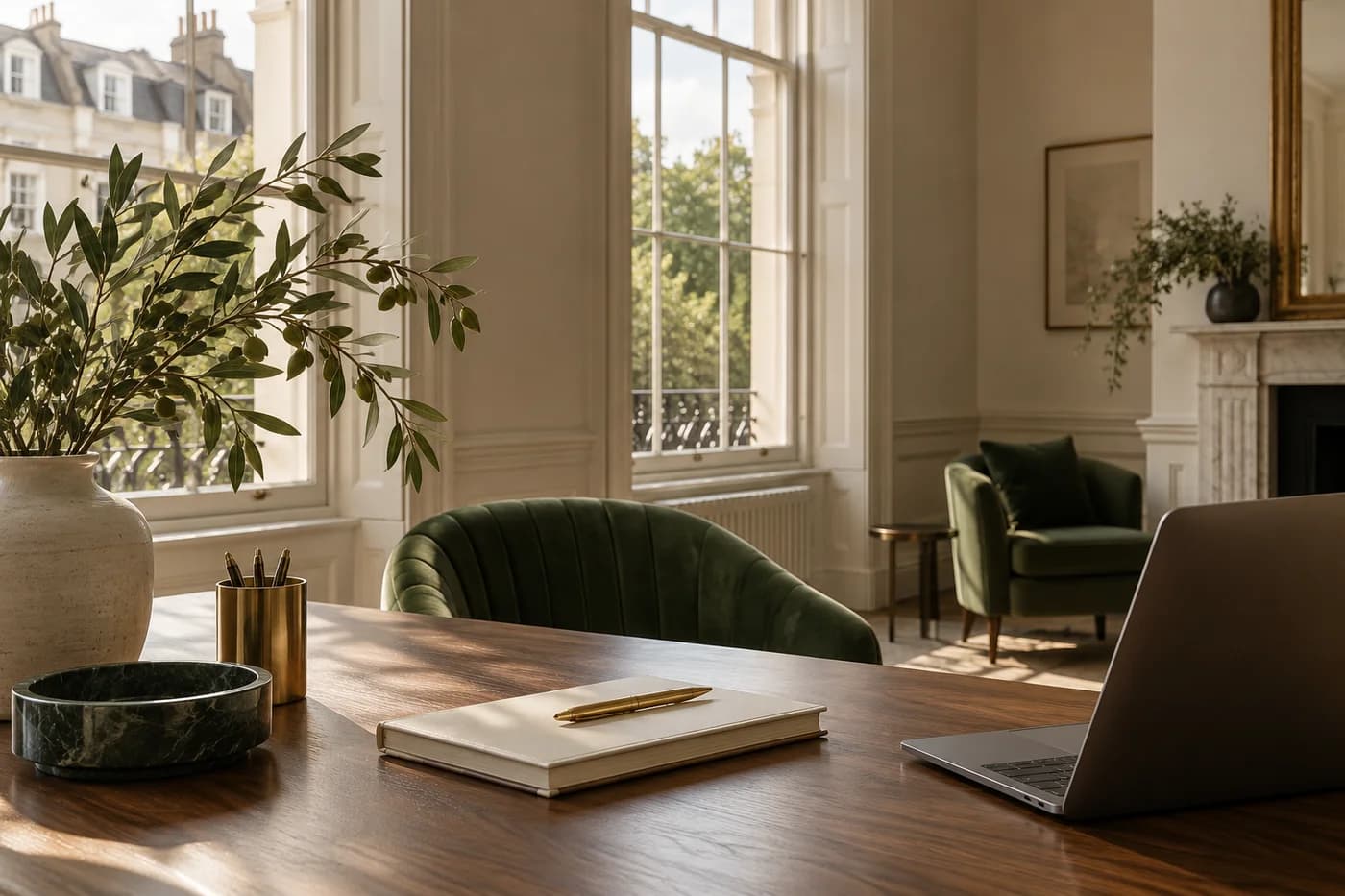 A calm, sunlit business workspace with a walnut desk and green seating